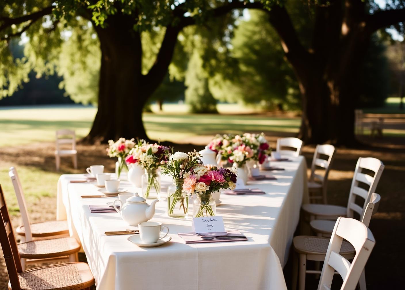 A long table set for a tea gathering under trees, with mismatched chairs, teapots, stacked cups, jars of clipped flowers and handwritten place cards