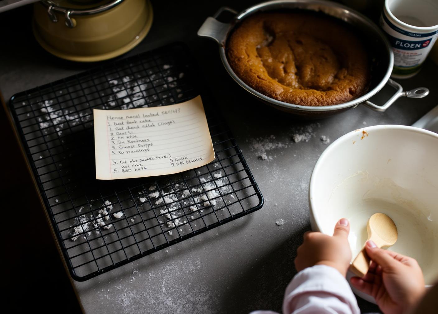 A real kitchen counter: a slightly burnt cake in its tin, a flour-dusted handwritten recipe card with pencil substitutions, and a child's hands holding a wooden spoon
