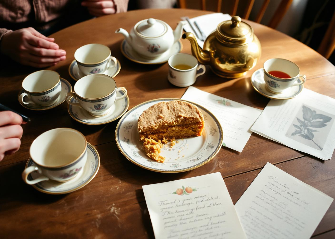 A tea table mid-gathering: mismatched cups, a brass teapot, a cut cake with crumbs, handwritten letters and a botanical print